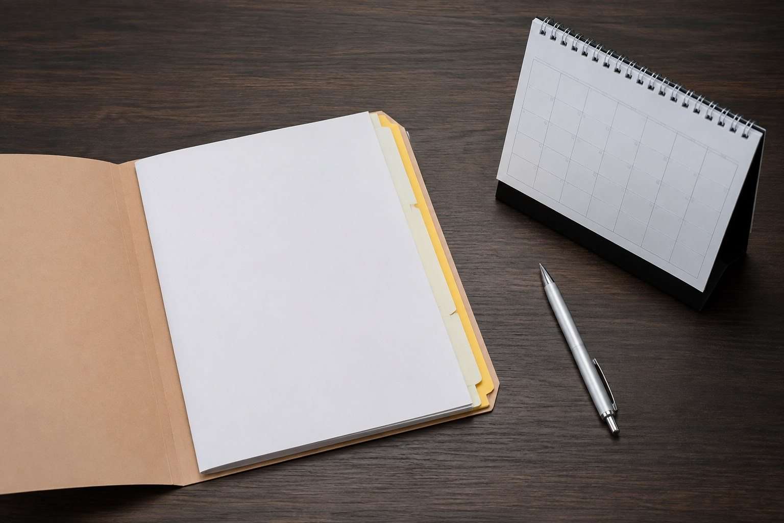 Documentación de incorporación y calendario sobre una mesa de oficina