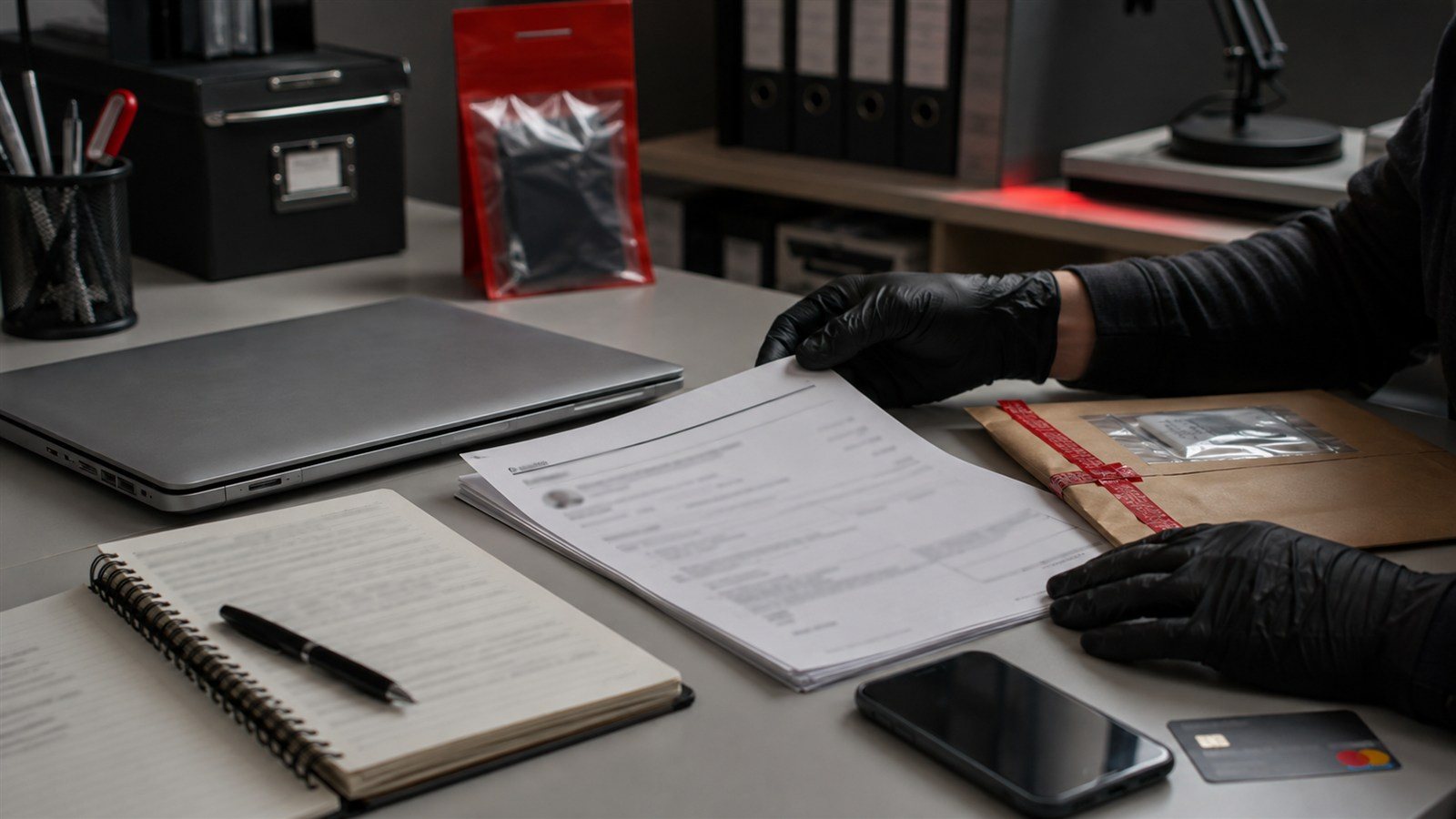 Mesa preparada para conservar pruebas de un fraude bancario