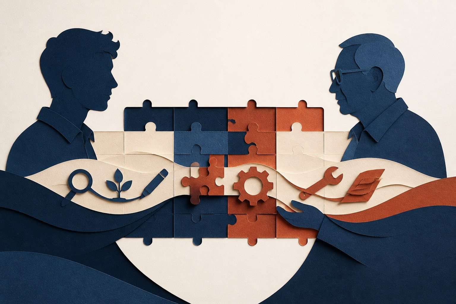 Ilustración de dos profesionales unidos por piezas que representan tiempo, trabajo y transferencia de conocimiento.